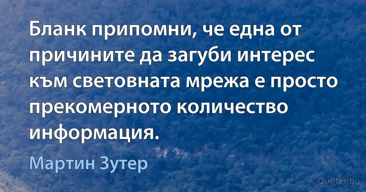 Бланк припомни, че една от причините да загуби интерес към световната мрежа е просто прекомерното количество информация. (Мартин Зутер)