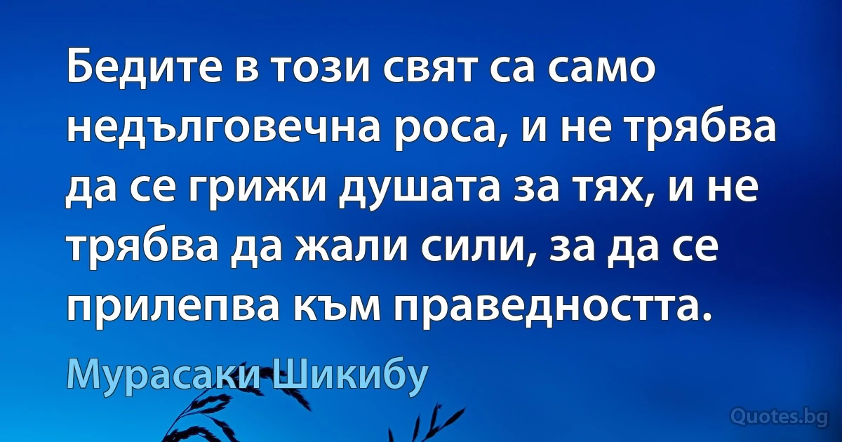 Бедите в този свят са само недълговечна роса, и не трябва да се грижи душата за тях, и не трябва да жали сили, за да се прилепва към праведността. (Мурасаки Шикибу)