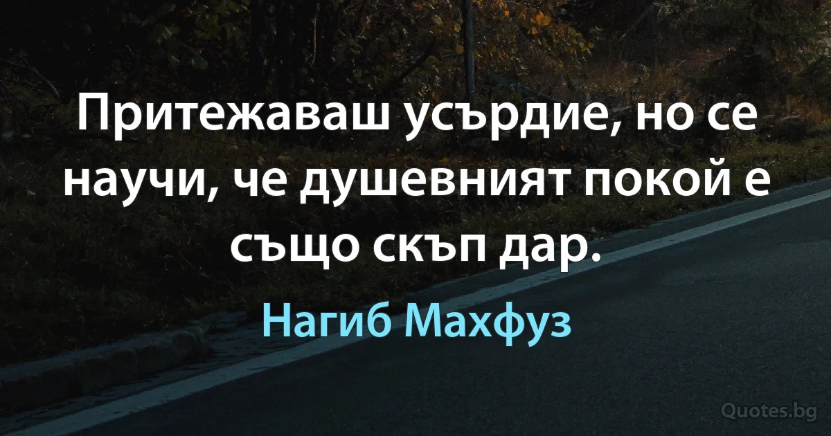 Притежаваш усърдие, но се научи, че душевният покой е също скъп дар. (Нагиб Махфуз)