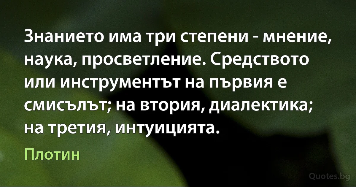 Знанието има три степени - мнение, наука, просветление. Средството или инструментът на първия е смисълът; на втория, диалектика; на третия, интуицията. (Плотин)