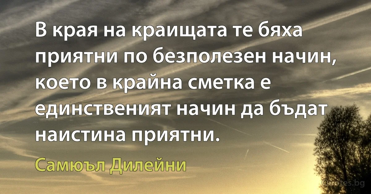 В края на краищата те бяха приятни по безполезен начин, което в крайна сметка е единственият начин да бъдат наистина приятни. (Самюъл Дилейни)