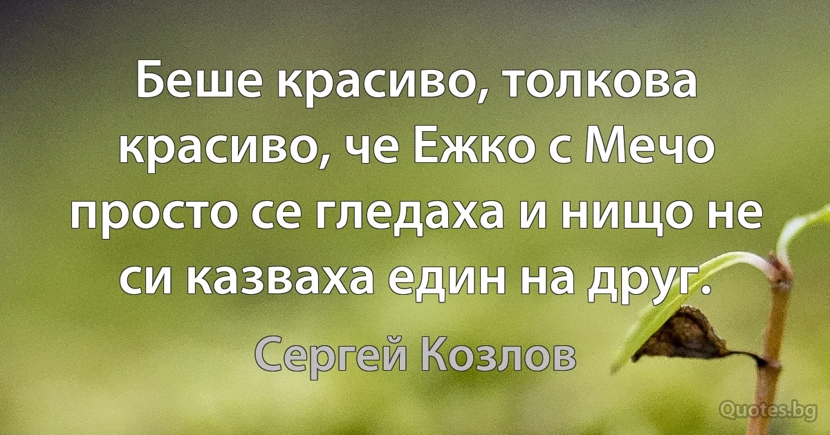 Беше красиво, толкова красиво, че Ежко с Мечо просто се гледаха и нищо не си казваха един на друг. (Сергей Козлов)