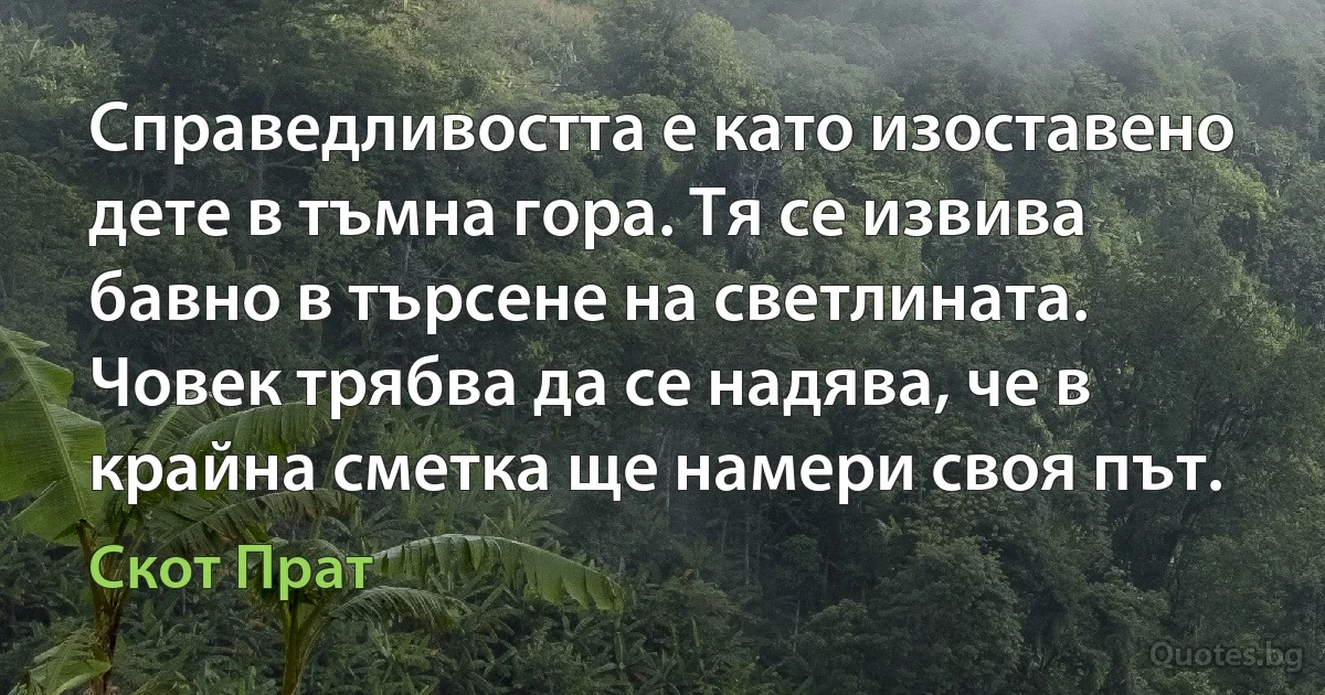 Справедливостта е като изоставено дете в тъмна гора. Тя се извива бавно в търсене на светлината. Човек трябва да се надява, че в крайна сметка ще намери своя път. (Скот Прат)