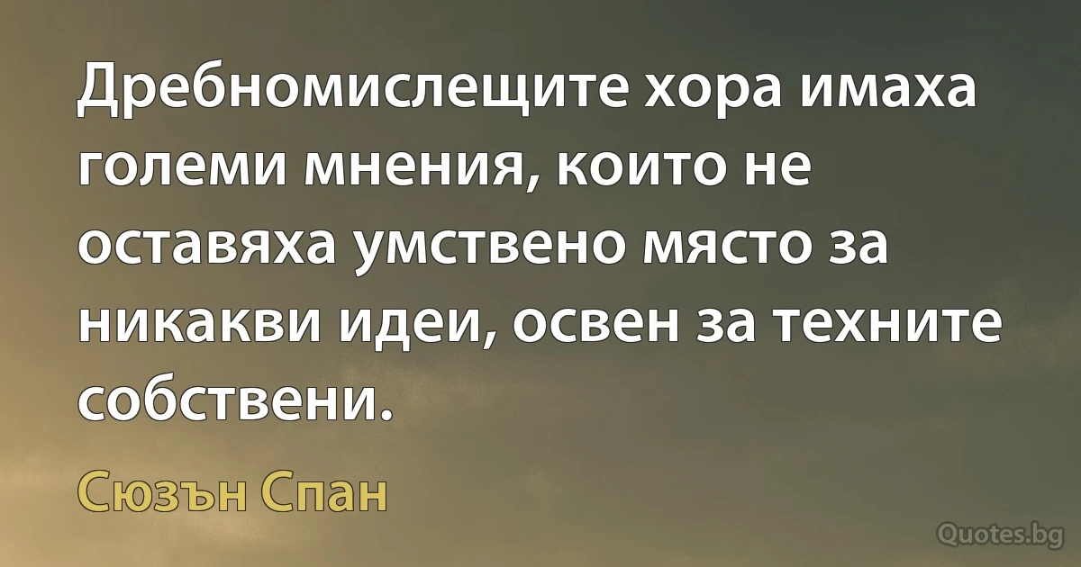 Дребномислещите хора имаха големи мнения, които не оставяха умствено място за никакви идеи, освен за техните собствени. (Сюзън Спан)