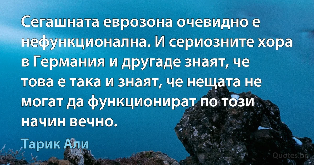 Сегашната еврозона очевидно е нефункционална. И сериозните хора в Германия и другаде знаят, че това е така и знаят, че нещата не могат да функционират по този начин вечно. (Тарик Али)