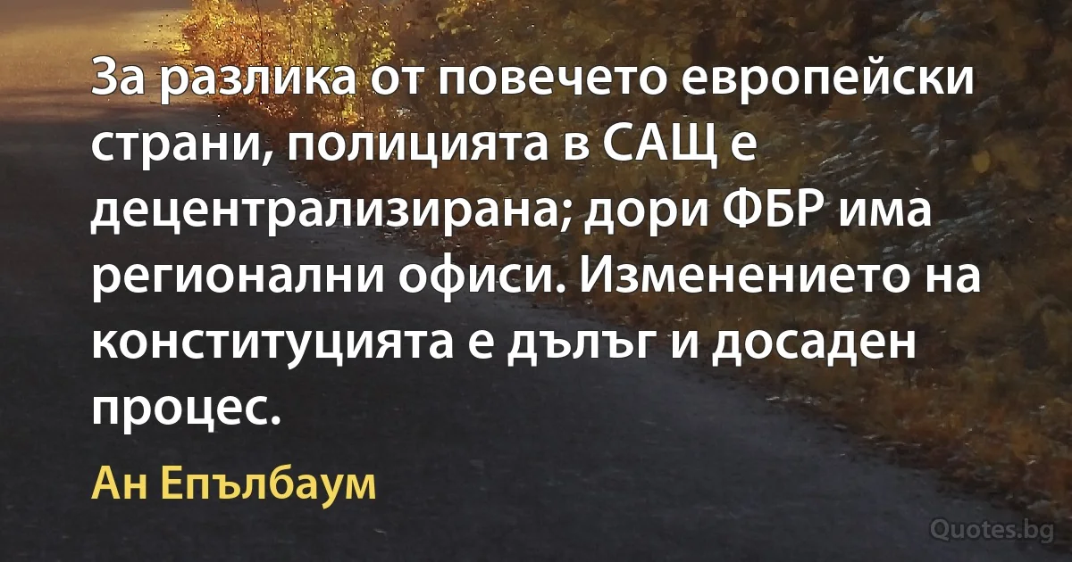 За разлика от повечето европейски страни, полицията в САЩ е децентрализирана; дори ФБР има регионални офиси. Изменението на конституцията е дълъг и досаден процес. (Ан Епълбаум)