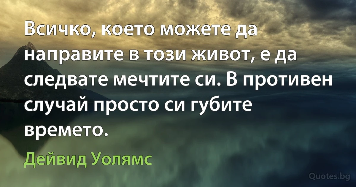 Всичко, което можете да направите в този живот, е да следвате мечтите си. В противен случай просто си губите времето. (Дейвид Уолямс)