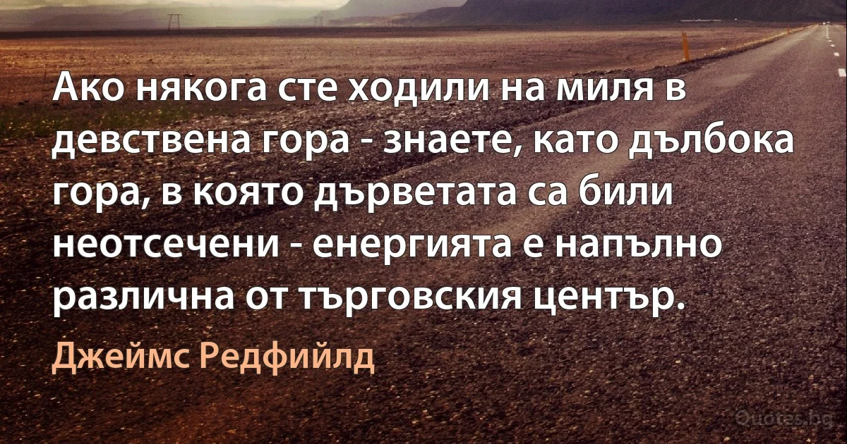 Ако някога сте ходили на миля в девствена гора - знаете, като дълбока гора, в която дърветата са били неотсечени - енергията е напълно различна от търговския център. (Джеймс Редфийлд)