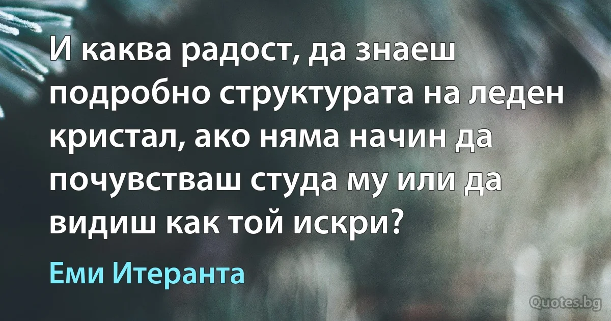 И каква радост, да знаеш подробно структурата на леден кристал, ако няма начин да почувстваш студа му или да видиш как той искри? (Еми Итеранта)