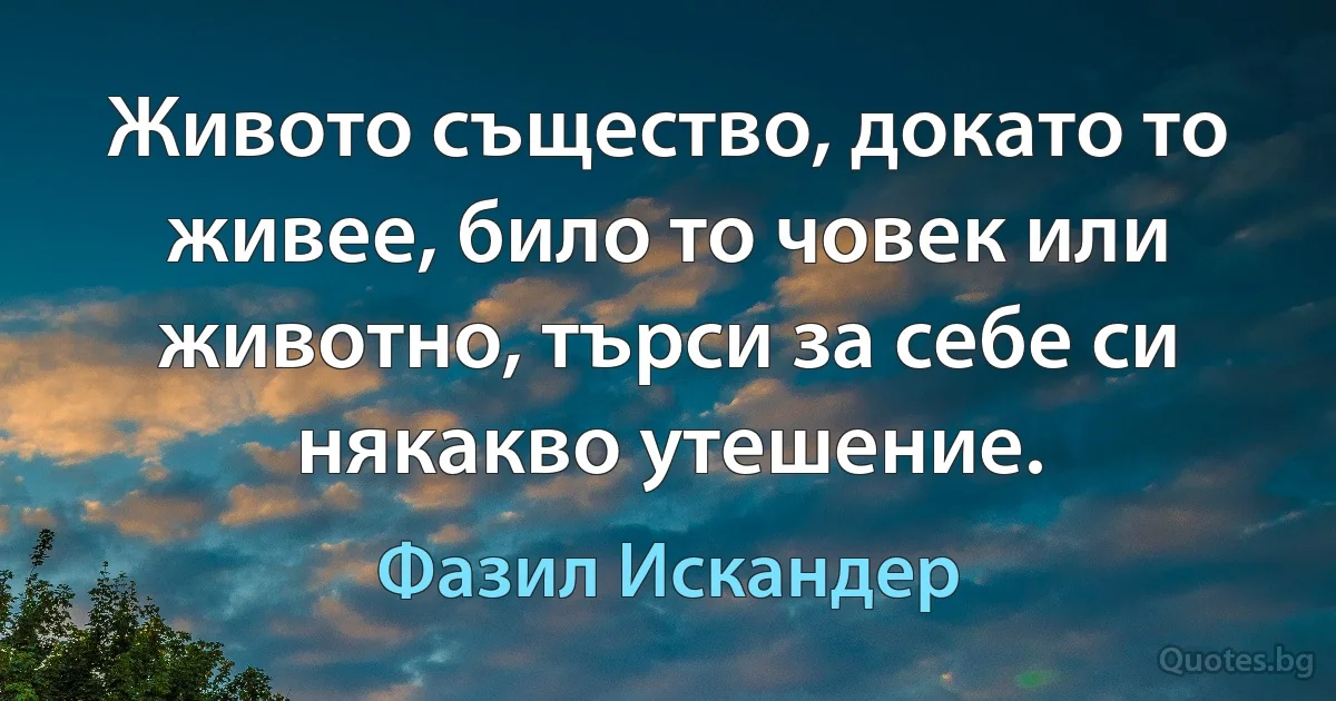 Живото същество, докато то живее, било то човек или животно, търси за себе си някакво утешение. (Фазил Искандер)