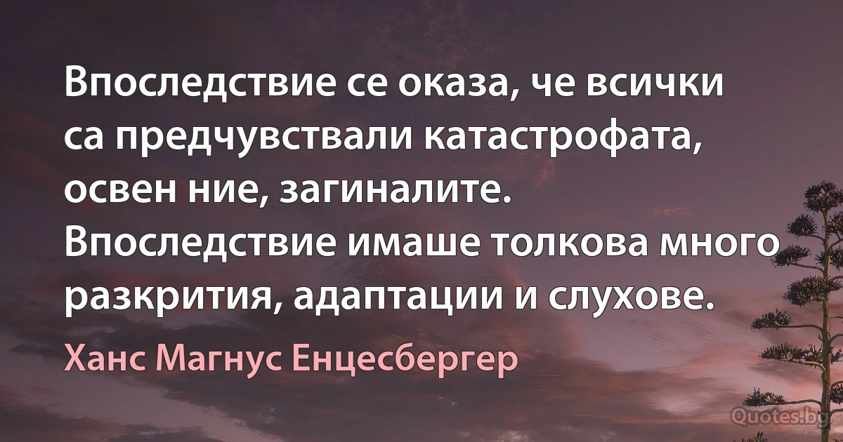 Впоследствие се оказа, че всички са предчувствали катастрофата, освен ние, загиналите. Впоследствие имаше толкова много разкрития, адаптации и слухове. (Ханс Магнус Енцесбергер)