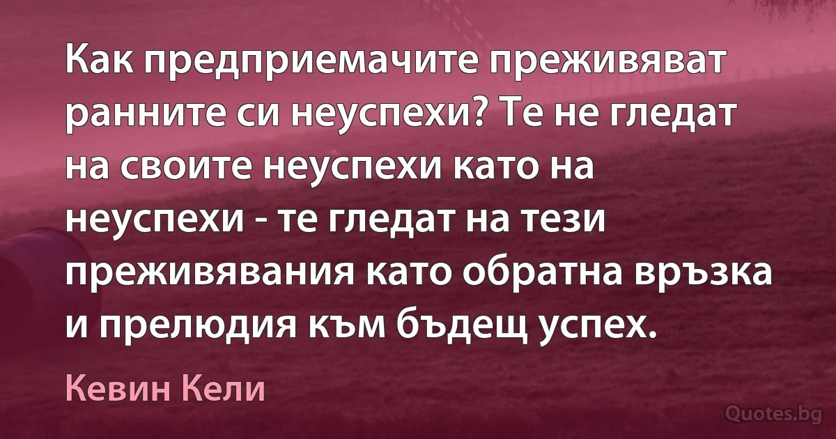 Как предприемачите преживяват ранните си неуспехи? Те не гледат на своите неуспехи като на неуспехи - те гледат на тези преживявания като обратна връзка и прелюдия към бъдещ успех. (Кевин Кели)