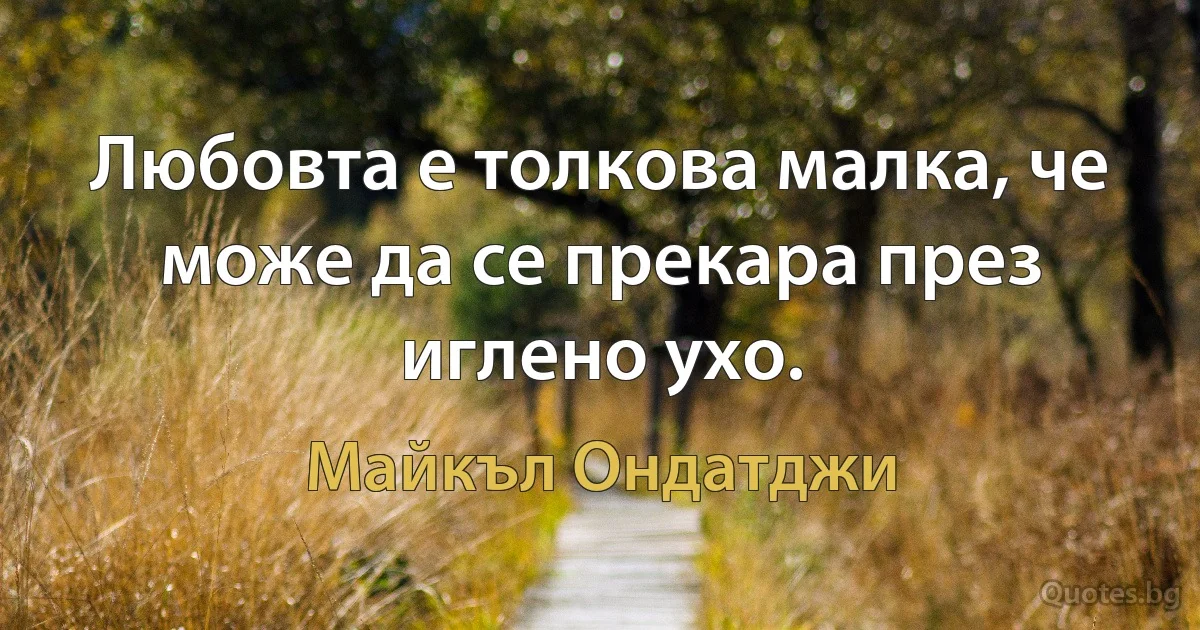 Любовта е толкова малка, че може да се прекара през иглено ухо. (Майкъл Ондатджи)