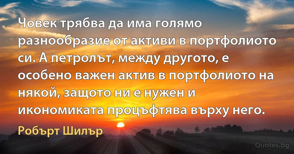 Човек трябва да има голямо разнообразие от активи в портфолиото си. А петролът, между другото, е особено важен актив в портфолиото на някой, защото ни е нужен и икономиката процъфтява върху него. (Робърт Шилър)