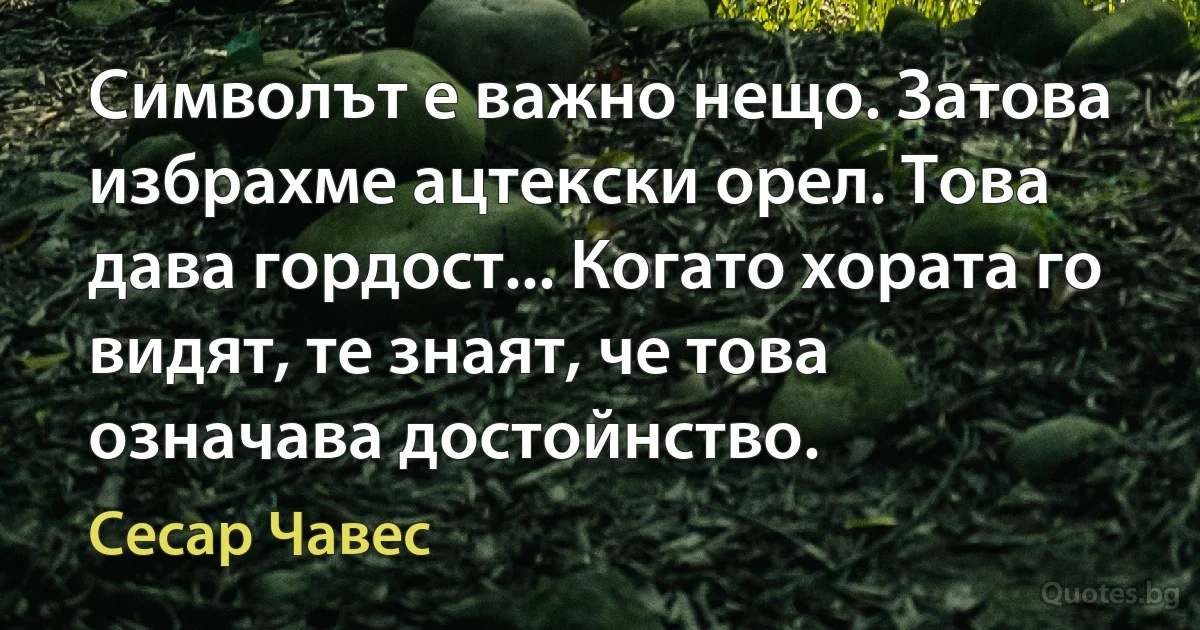 Символът е важно нещо. Затова избрахме ацтекски орел. Това дава гордост... Когато хората го видят, те знаят, че това означава достойнство. (Сесар Чавес)