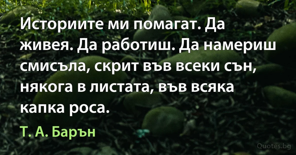 Историите ми помагат. Да живея. Да работиш. Да намериш смисъла, скрит във всеки сън, някога в листата, във всяка капка роса. (Т. А. Барън)