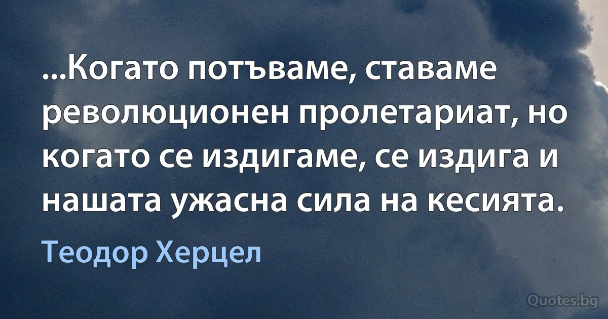 ...Когато потъваме, ставаме революционен пролетариат, но когато се издигаме, се издига и нашата ужасна сила на кесията. (Теодор Херцел)