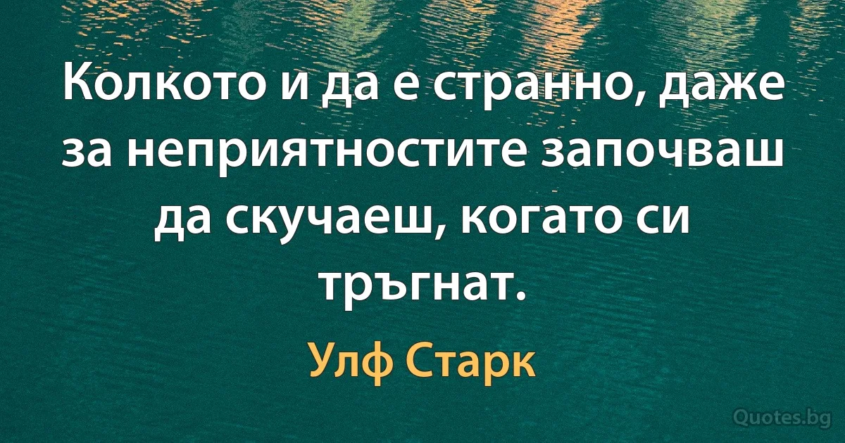 Колкото и да е странно, даже за неприятностите започваш да скучаеш, когато си тръгнат. (Улф Старк)