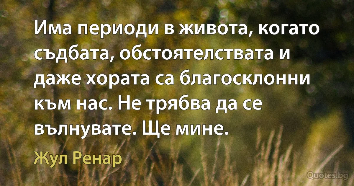 Има периоди в живота, когато съдбата, обстоятелствата и даже хората са благосклонни към нас. Не трябва да се вълнувате. Ще мине. (Жул Ренар)