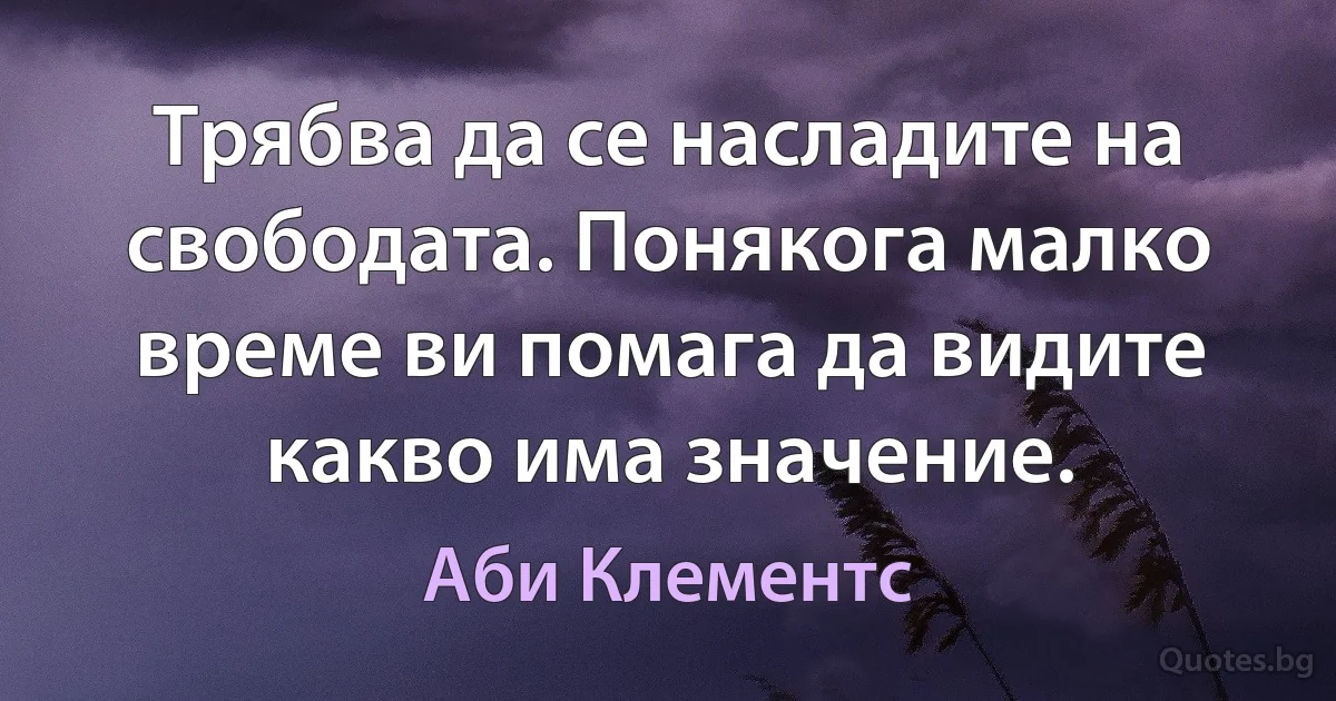 Трябва да се насладите на свободата. Понякога малко време ви помага да видите какво има значение. (Аби Клементс)