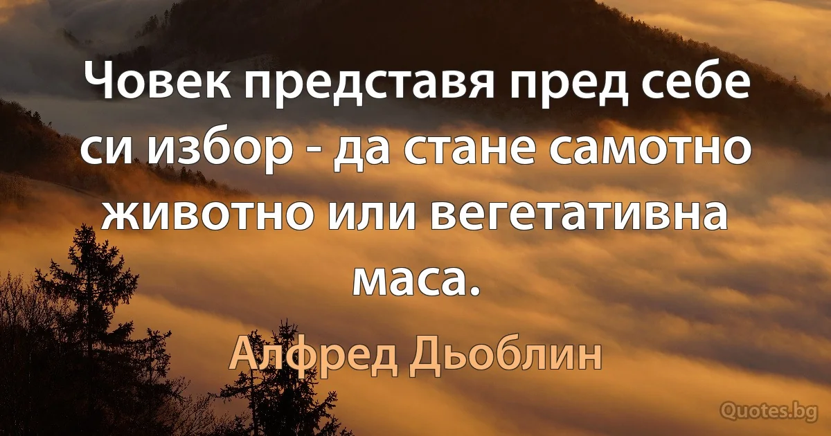 Човек представя пред себе си избор - да стане самотно животно или вегетативна маса. (Алфред Дьоблин)