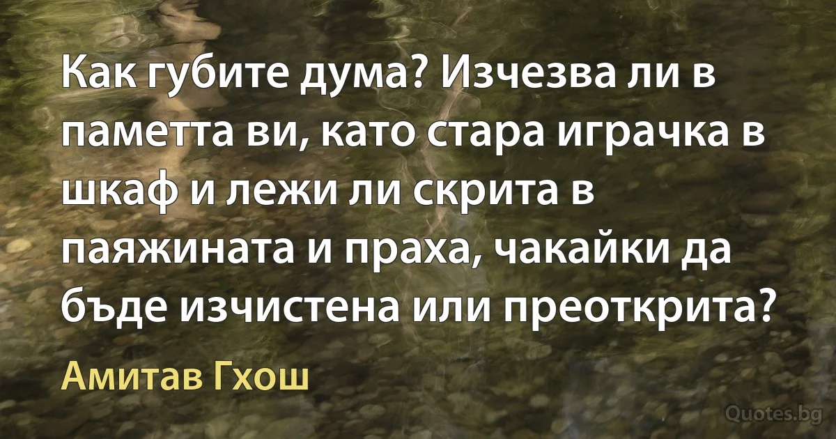 Как губите дума? Изчезва ли в паметта ви, като стара играчка в шкаф и лежи ли скрита в паяжината и праха, чакайки да бъде изчистена или преоткрита? (Амитав Гхош)