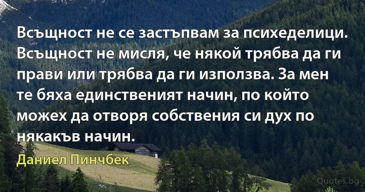 Всъщност не се застъпвам за психеделици. Всъщност не мисля, че някой трябва да ги прави или трябва да ги използва. За мен те бяха единственият начин, по който можех да отворя собствения си дух по някакъв начин. (Даниел Пинчбек)