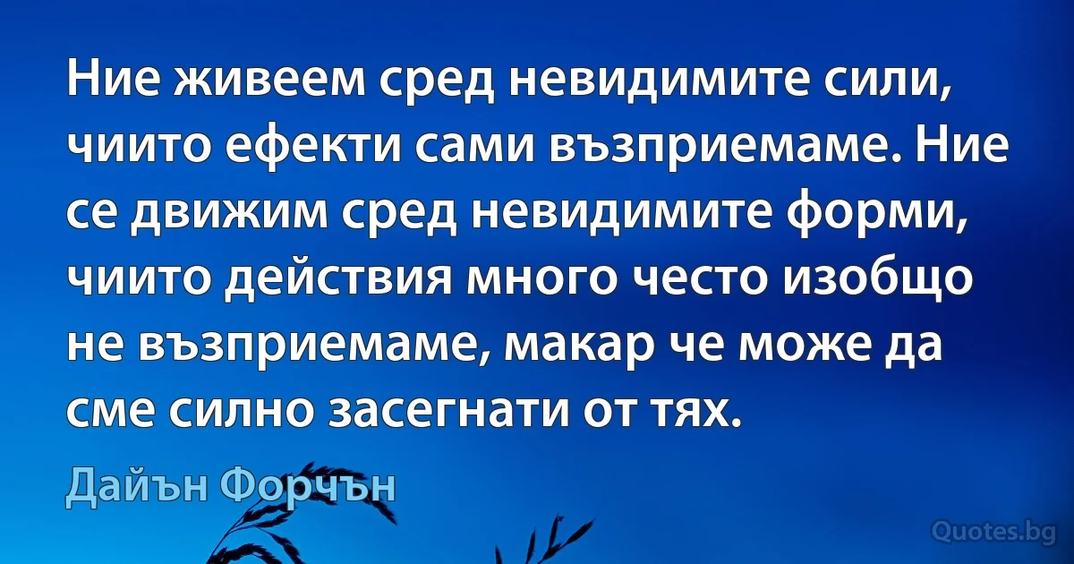 Ние живеем сред невидимите сили, чиито ефекти сами възприемаме. Ние се движим сред невидимите форми, чиито действия много често изобщо не възприемаме, макар че може да сме силно засегнати от тях. (Дайън Форчън)