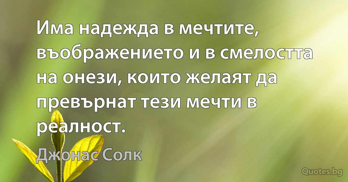 Има надежда в мечтите, въображението и в смелостта на онези, които желаят да превърнат тези мечти в реалност. (Джонас Солк)