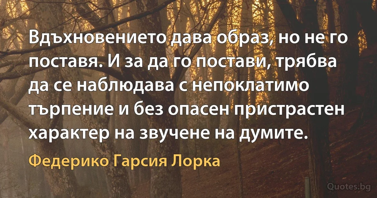 Вдъхновението дава образ, но не го поставя. И за да го постави, трябва да се наблюдава с непоклатимо търпение и без опасен пристрастен характер на звучене на думите. (Федерико Гарсия Лорка)