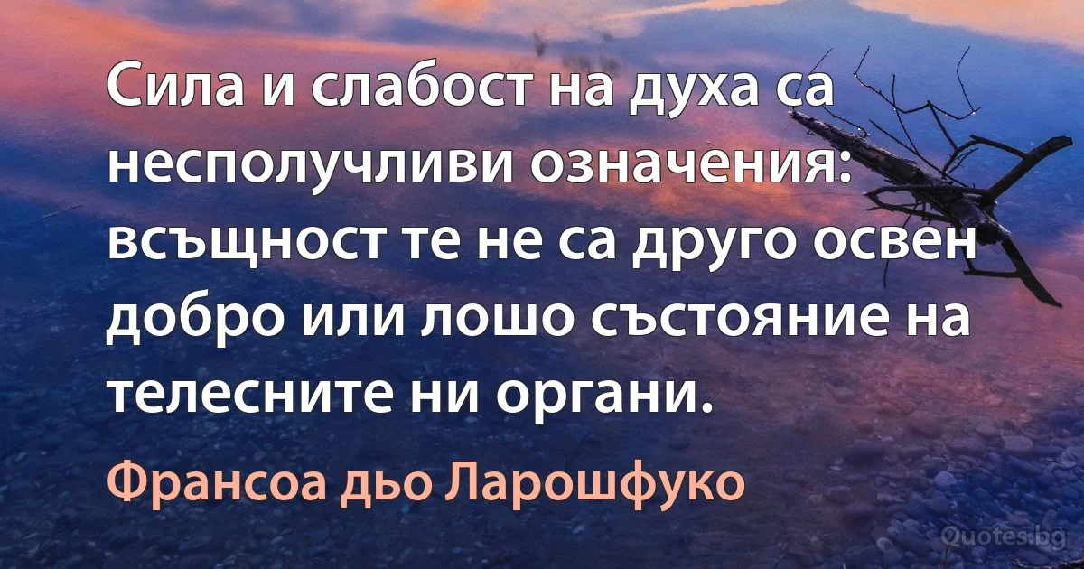 Сила и слабост на духа са несполучливи означения: всъщност те не са друго освен добро или лошо състояние на телесните ни органи. (Франсоа дьо Ларошфуко)