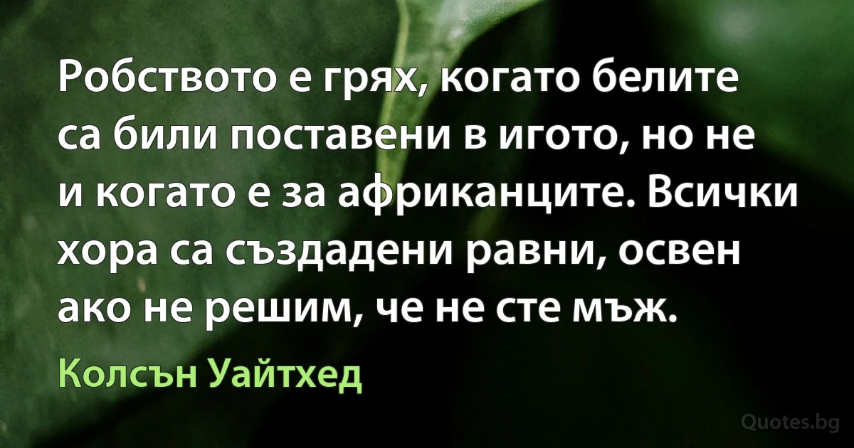 Робството е грях, когато белите са били поставени в игото, но не и когато е за африканците. Всички хора са създадени равни, освен ако не решим, че не сте мъж. (Колсън Уайтхед)