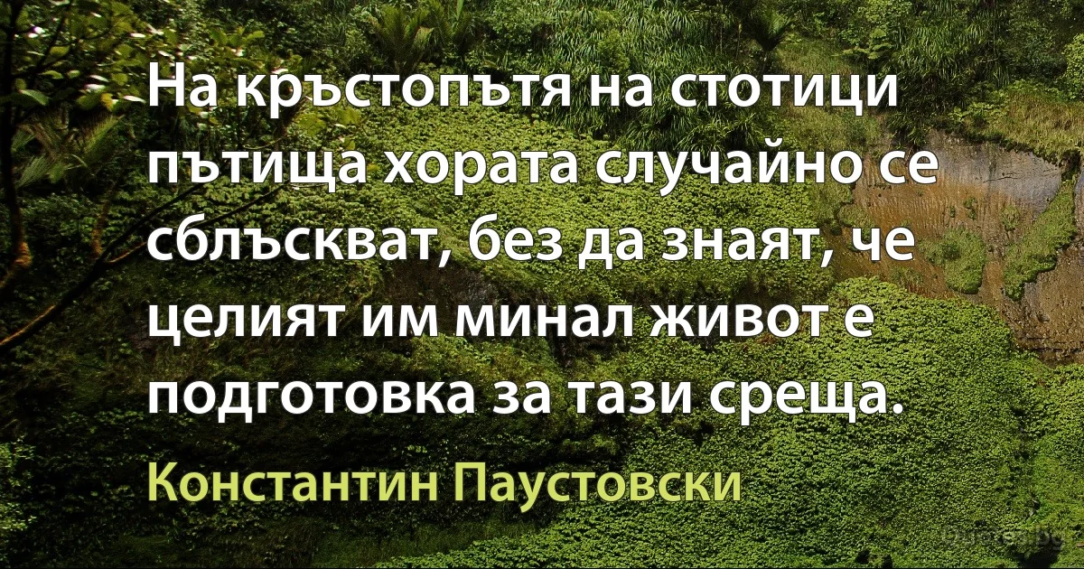 На кръстопътя на стотици пътища хората случайно се сблъскват, без да знаят, че целият им минал живот е подготовка за тази среща. (Константин Паустовски)