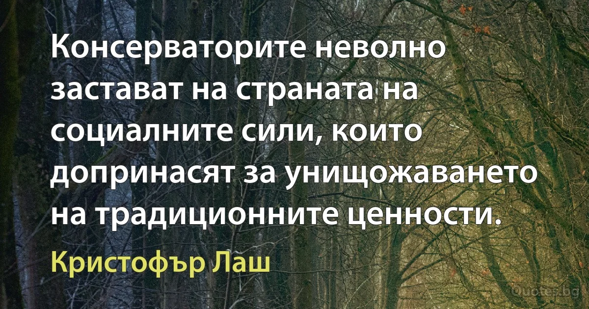 Консерваторите неволно застават на страната на социалните сили, които допринасят за унищожаването на традиционните ценности. (Кристофър Лаш)