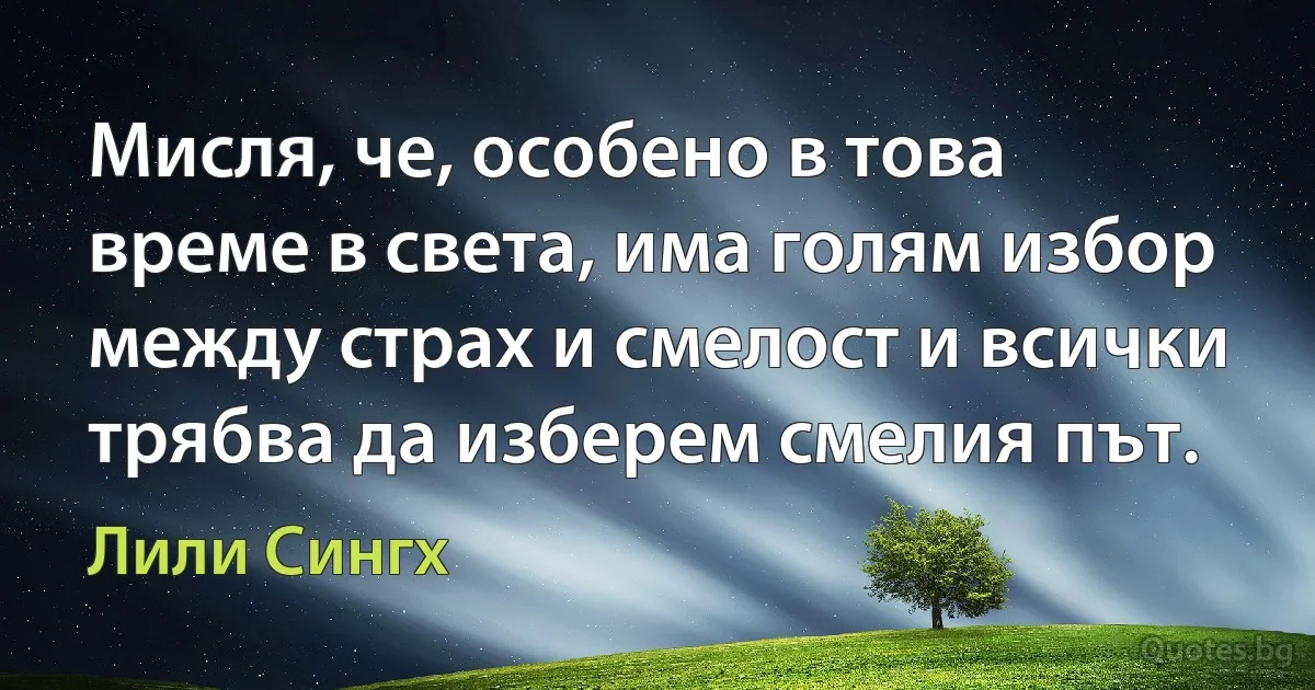 Мисля, че, особено в това време в света, има голям избор между страх и смелост и всички трябва да изберем смелия път. (Лили Сингх)