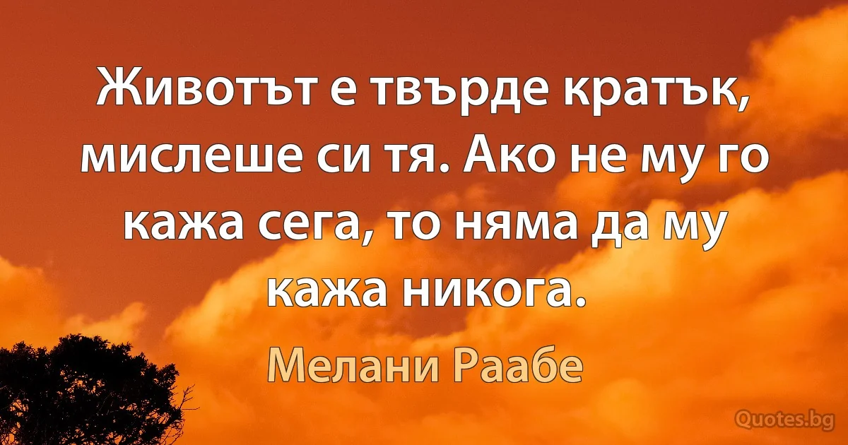 Животът е твърде кратък, мислеше си тя. Ако не му го кажа сега, то няма да му кажа никога. (Мелани Раабе)