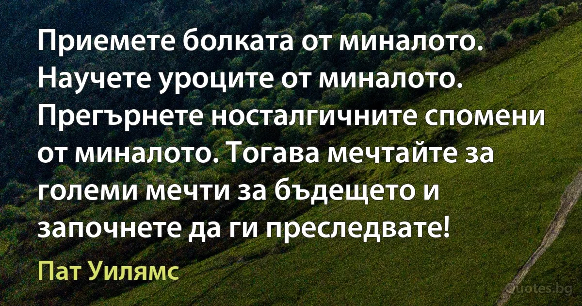 Приемете болката от миналото. Научете уроците от миналото. Прегърнете носталгичните спомени от миналото. Тогава мечтайте за големи мечти за бъдещето и започнете да ги преследвате! (Пат Уилямс)