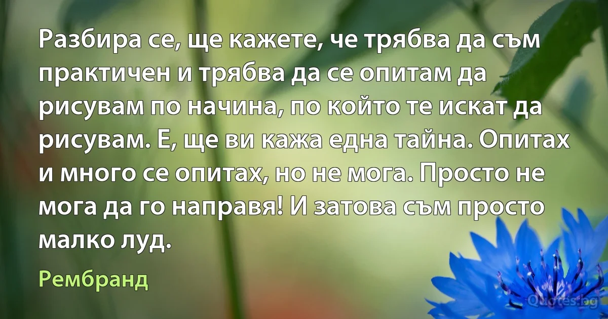 Разбира се, ще кажете, че трябва да съм практичен и трябва да се опитам да рисувам по начина, по който те искат да рисувам. Е, ще ви кажа една тайна. Опитах и много се опитах, но не мога. Просто не мога да го направя! И затова съм просто малко луд. (Рембранд)