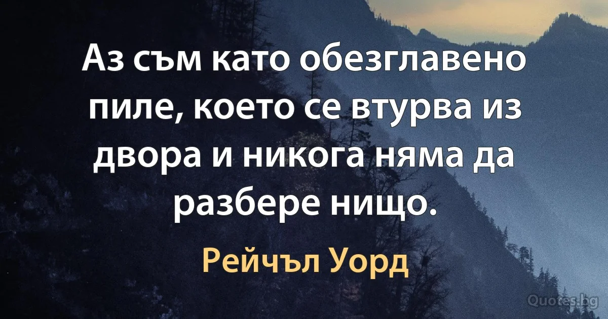 Аз съм като обезглавено пиле, което се втурва из двора и никога няма да разбере нищо. (Рейчъл Уорд)