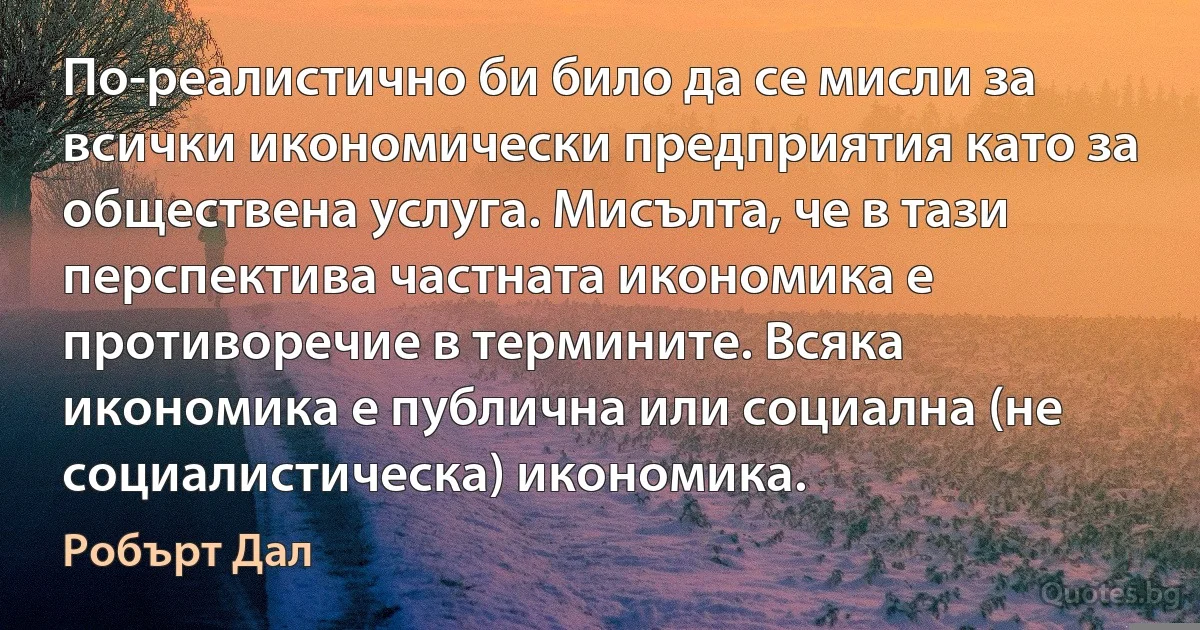 По-реалистично би било да се мисли за всички икономически предприятия като за обществена услуга. Мисълта, че в тази перспектива частната икономика е противоречие в термините. Всяка икономика е публична или социална (не социалистическа) икономика. (Робърт Дал)