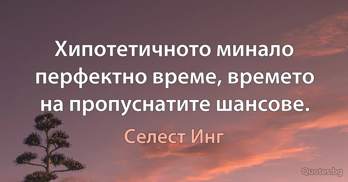 Хипотетичното минало перфектно време, времето на пропуснатите шансове. (Селест Инг)