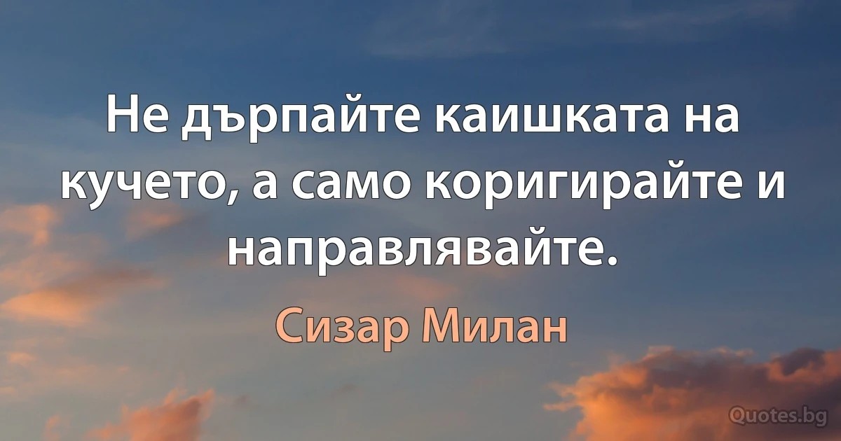 Не дърпайте каишката на кучето, а само коригирайте и направлявайте. (Сизар Милан)