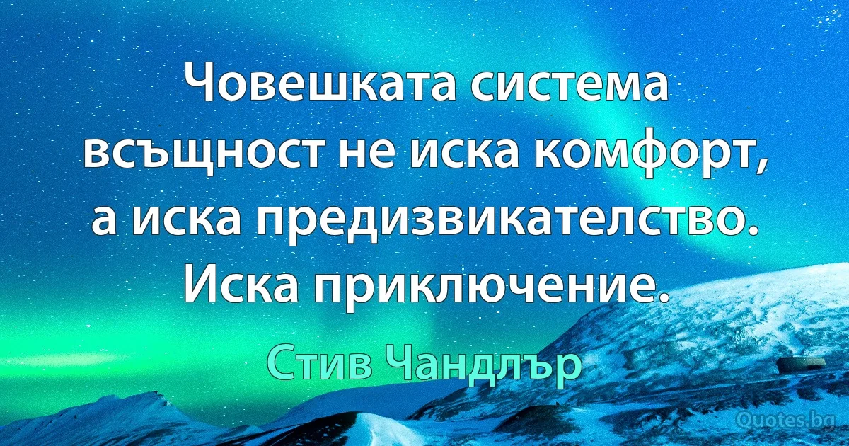 Човешката система всъщност не иска комфорт, а иска предизвикателство. Иска приключение. (Стив Чандлър)