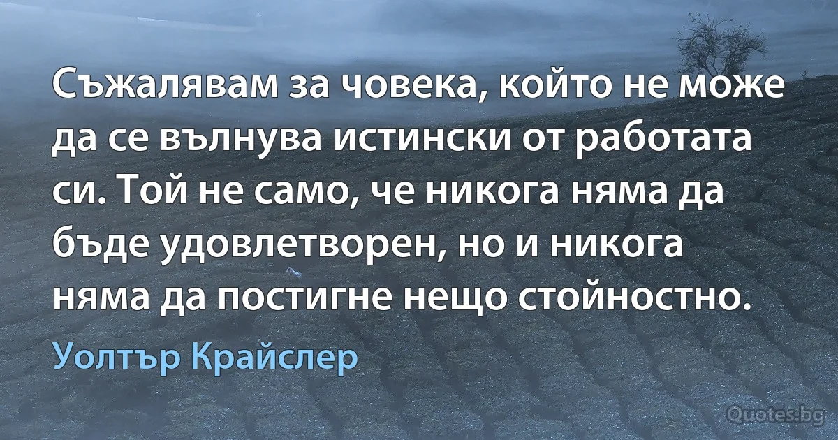 Съжалявам за човека, който не може да се вълнува истински от работата си. Той не само, че никога няма да бъде удовлетворен, но и никога няма да постигне нещо стойностно. (Уолтър Крайслер)