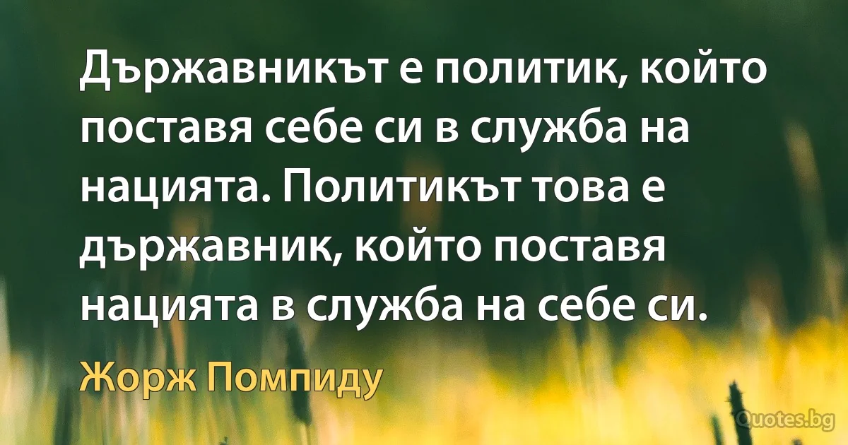 Държавникът е политик, който поставя себе си в служба на нацията. Политикът това е държавник, който поставя нацията в служба на себе си. (Жорж Помпиду)