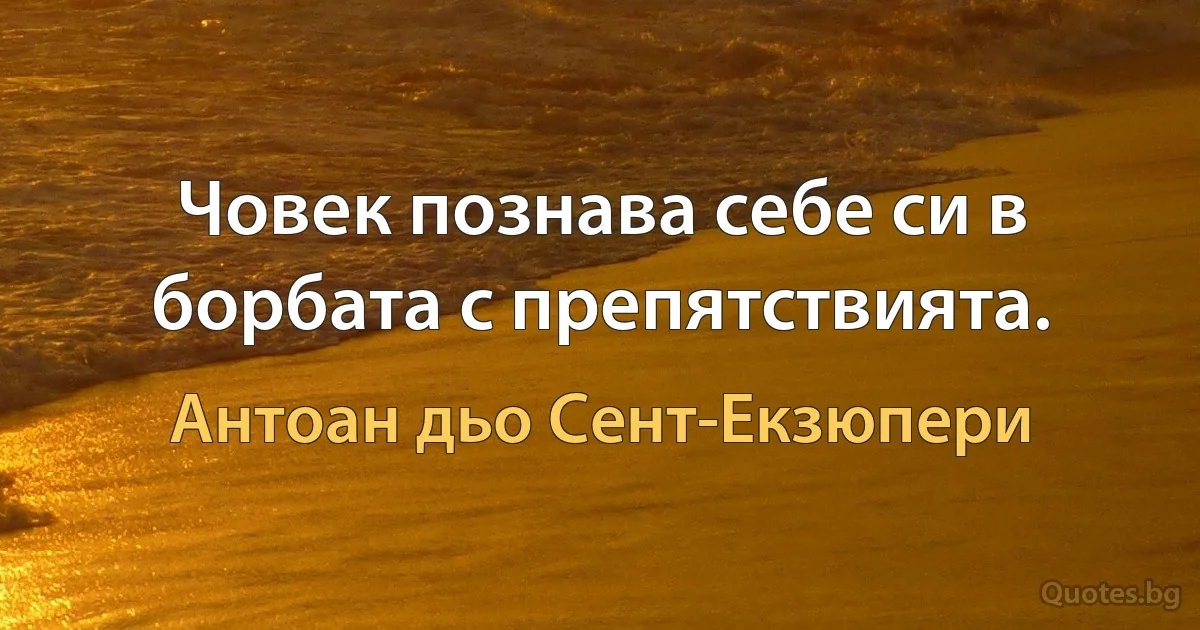 Човек познава себе си в борбата с препятствията. (Антоан дьо Сент-Екзюпери)