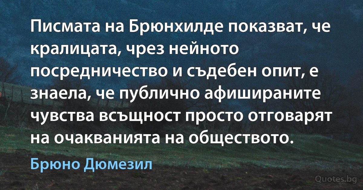 Писмата на Брюнхилде показват, че кралицата, чрез нейното посредничество и съдебен опит, е знаела, че публично афишираните чувства всъщност просто отговарят на очакванията на обществото. (Брюно Дюмезил)