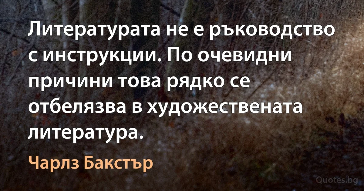 Литературата не е ръководство с инструкции. По очевидни причини това рядко се отбелязва в художествената литература. (Чарлз Бакстър)