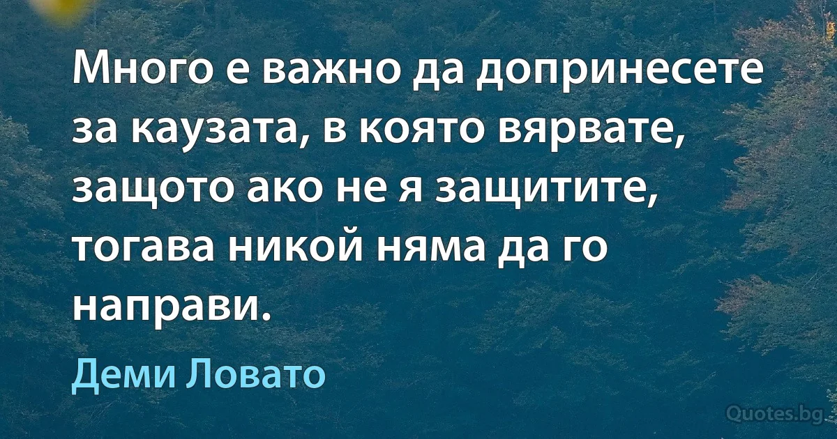 Много е важно да допринесете за каузата, в която вярвате, защото ако не я защитите, тогава никой няма да го направи. (Деми Ловато)