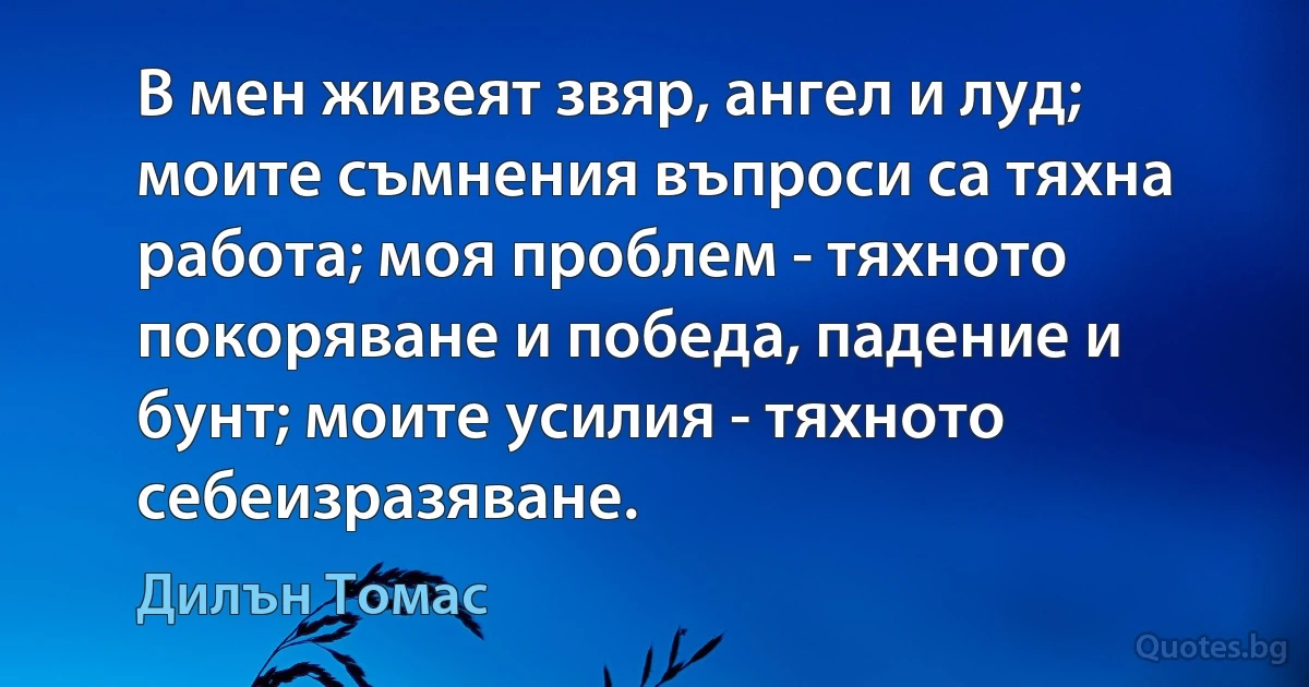 В мен живеят звяр, ангел и луд; моите съмнения въпроси са тяхна работа; моя проблем - тяхното покоряване и победа, падение и бунт; моите усилия - тяхното себеизразяване. (Дилън Томас)